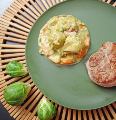 Grenadin de veau aux choux de Bruxelles Presque-Carbonara