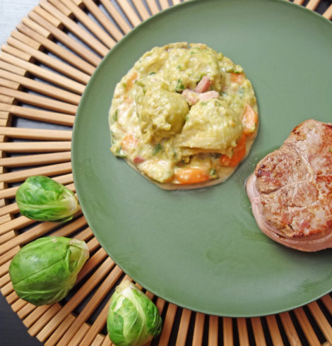 Grenadin de veau aux choux de Bruxelles Presque-Carbonara